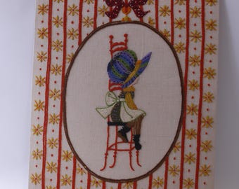 Holly Hobbie, Embroidery Wall Art, Sitting Girl, Cross Stitch, 1970s Wall Hanging, Handmade, Needlework, ~ 241121-WH M-13-01