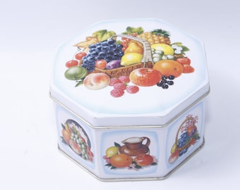 Fruits, White Blue, Octagonal, 3", Tin, Box, Nature, Summer, Autumn, Kitchen, Decor, Food, Storage, Vintage, ~ 03