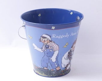 Raggedy Ann, Blue, Baсket, Pail, Tin, Basket, Raggedy Ann and Andy,  7", Metal, Handle, Stationery, Interior, Decor, Vintage, 1321