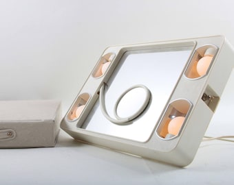 Specchio da trucco vintage anni '80, portatile, con custodia, manico in vinile bianco, lampadine, accessorio per il trucco, compatto, da viaggio ~ 737