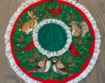 Christmas, Wreath, Tree Skirt 80s Christmas Tree, Cloth, Round, Lace, Birds, Animals, 21”, Decoration, Interior, Vintage, ~ 1273