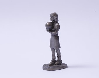 Girl playing Bowling, Ball, Little, Pewter, Figurine, Sports, Statuette, Interior, Decor, Vintage, Collection, Photo Prop ~ 20-01-290