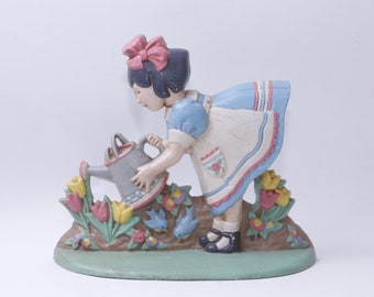 Cast Iron Girl Watering Flowers, Painted, 8", Figurine, Garden, Birds, Floral, Relief, Statuette, Tabletop, Decor, Vintage, ~ ii 695