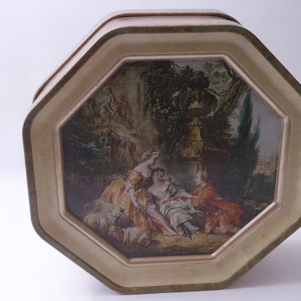 Nest, François Boucher, Pastoral, Women, Octagon, Cookie Tin, Painting, 12.5", Art, Storage, Decor, Interior, Vintage, ~ 20-01-809