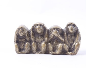 Cuatro monos sentados, No ver el mal, Hablar sin mal, No escuchar el mal, Metal, Escultura, Estatuilla, Estatuilla, Animal, Vintage ~ 950
