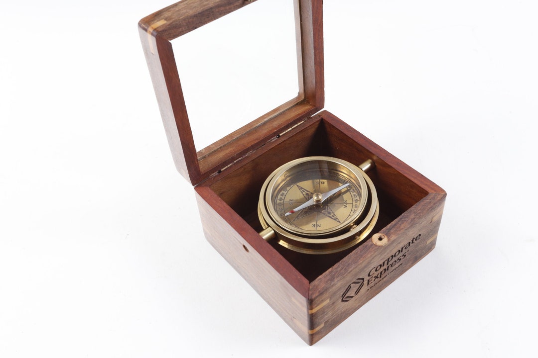 Vintage Corporate Express Boxed Brass Compass Wooden Box Photo Prop ...