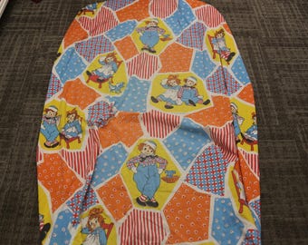 Raggedy Ann y Andy, tamaño individual, años 70, naranja, azul, sábana bajera, decoración, habitación infantil, dormitorio, personajes, 76x40", vintage, ~ 20-01-918