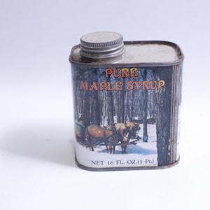 Pure Maple Syrup, Tin Can, 4" High, McLure's Maple Syrup, Littleton NH, Drinkware, Container, Still full of Syrup, ~ 230826-GS 445