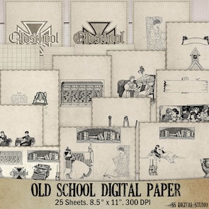 Papel de diario de la vieja escuela, cuaderno, papel digital, vintage, páginas de diario basura imprimibles, forrados, papel gráfico, scrapbooking descarga instantánea