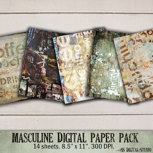 Lot de papiers numériques, Papiers de scrapbooking masculins, Papiers numériques pour hommes, Fête des pères, Collection de papiers