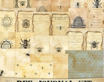 Puede incluir: Un kit de scrapbooking digital con 32 hojas con ilustraciones vintage de abejas, panales y texto sobre apicultura. El kit mide 8,5 pulgadas por 11 pulgadas y 300 DPI.