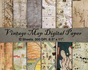 Vintage, digital paper, map, antique paper, card making, back ground, scrapbook, printable, crafting, scrapbook, download, Commercial use.