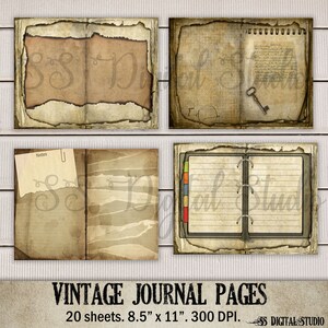 May include: A set of 20 vintage journal pages, each measuring 8.5 inches by 11 inches, with a resolution of 300 DPI. The pages have a distressed, aged look with torn edges and faded ink.