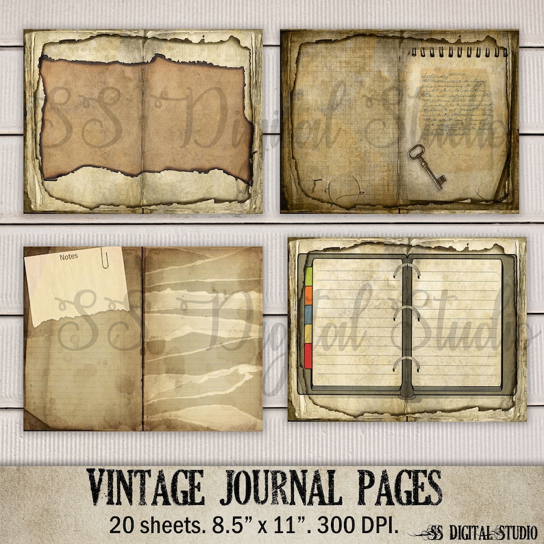 May include: A set of 20 vintage journal pages, each measuring 8.5 inches by 11 inches, with a resolution of 300 DPI. The pages have a distressed, aged look with torn edges and faded ink.