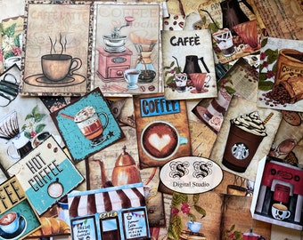 May include: A collection of vintage-style coffee themed illustrations and graphics. The images feature coffee cups, coffee beans, coffee makers, and text such as "Coffee", "Caffe", and "Hot Coffee".