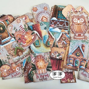 Lebkuchenhaus Tags, Weihnachten große und kleine Tags, Junk Journal Kit, Ephemera, bedruckbares Papier, Collage Blätter, digitales Scrapbooking