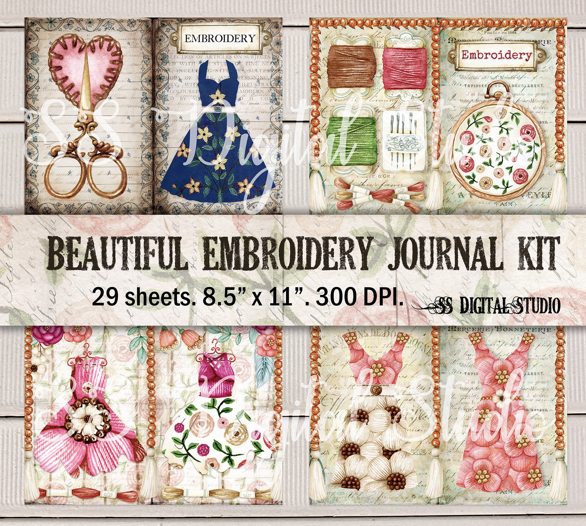 Embroidery Journal Page, Sewing, Needle Work Journal Kit, Vintage, Junk Journal  Kit, Printable Vintage Ephemera, Digital Download 