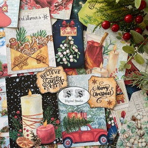 Christmas journal kit, Winter journal kit, cozy, snow background, vintage, Printable Ephemera, Digital, Journal Supplies