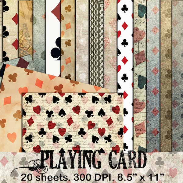 Playing card, poker,  Vintage, digital, paper, background, card making, old paper, printable, crafting, scrapbook, download, Commercial use.