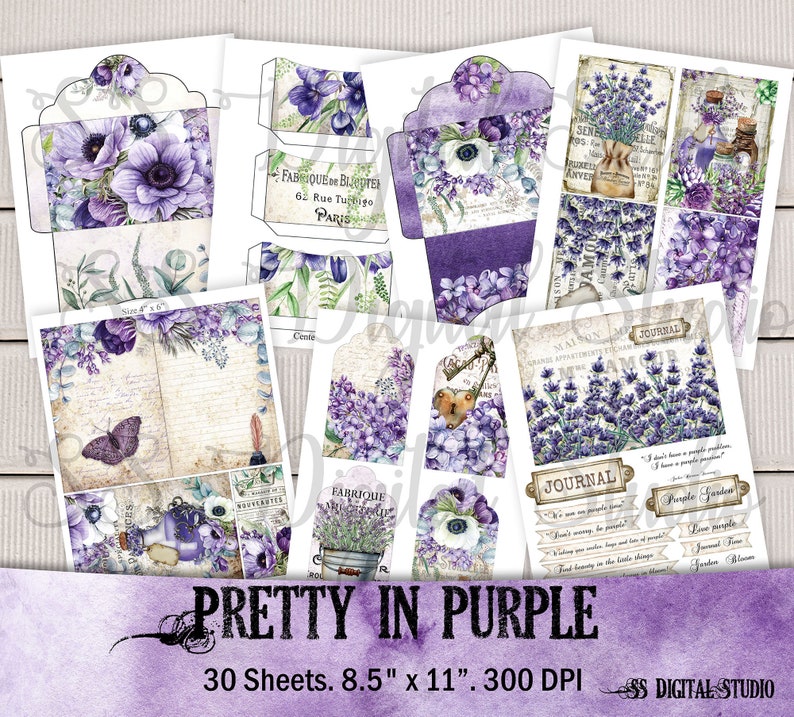 Lilac Lavender Succulent Purple Violet Garden Journal Kit Vintage Printable Ephemera Collage Paper image 2