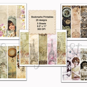 Printable bookmark, digital bookmark collage sheet, shabby chic, junk journal embellishment, steampunk, scrapbook, download, Commercial use.