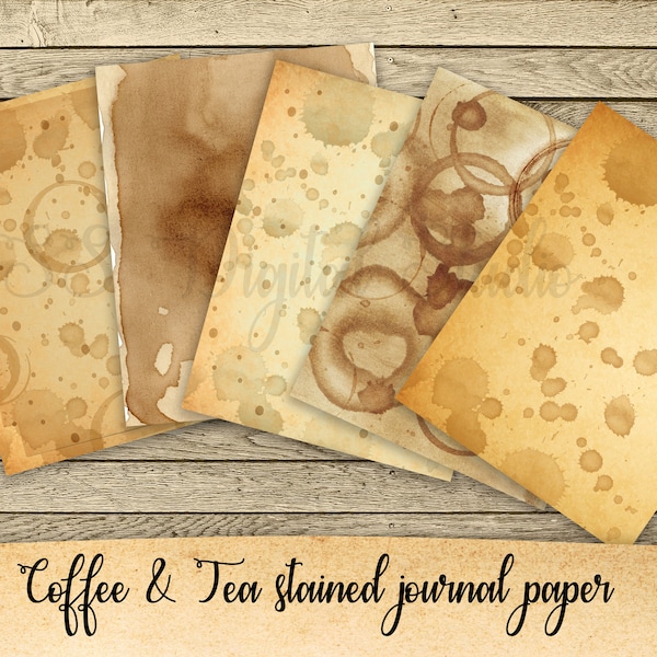 33 sheets of 8.5x11 inches,Coffee, Tea, Stained, Journal, Paper, Junk journal digital download, junk journal printable, double sided paper