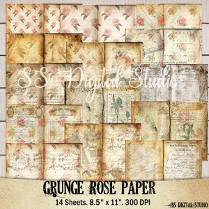 14 hojas, Vintage, en mal estado, rosa, papel, digital, fondo, fabricación de tarjetas, papel de diario basura, artesanía, álbum de recortes, descarga, Uso comercial.