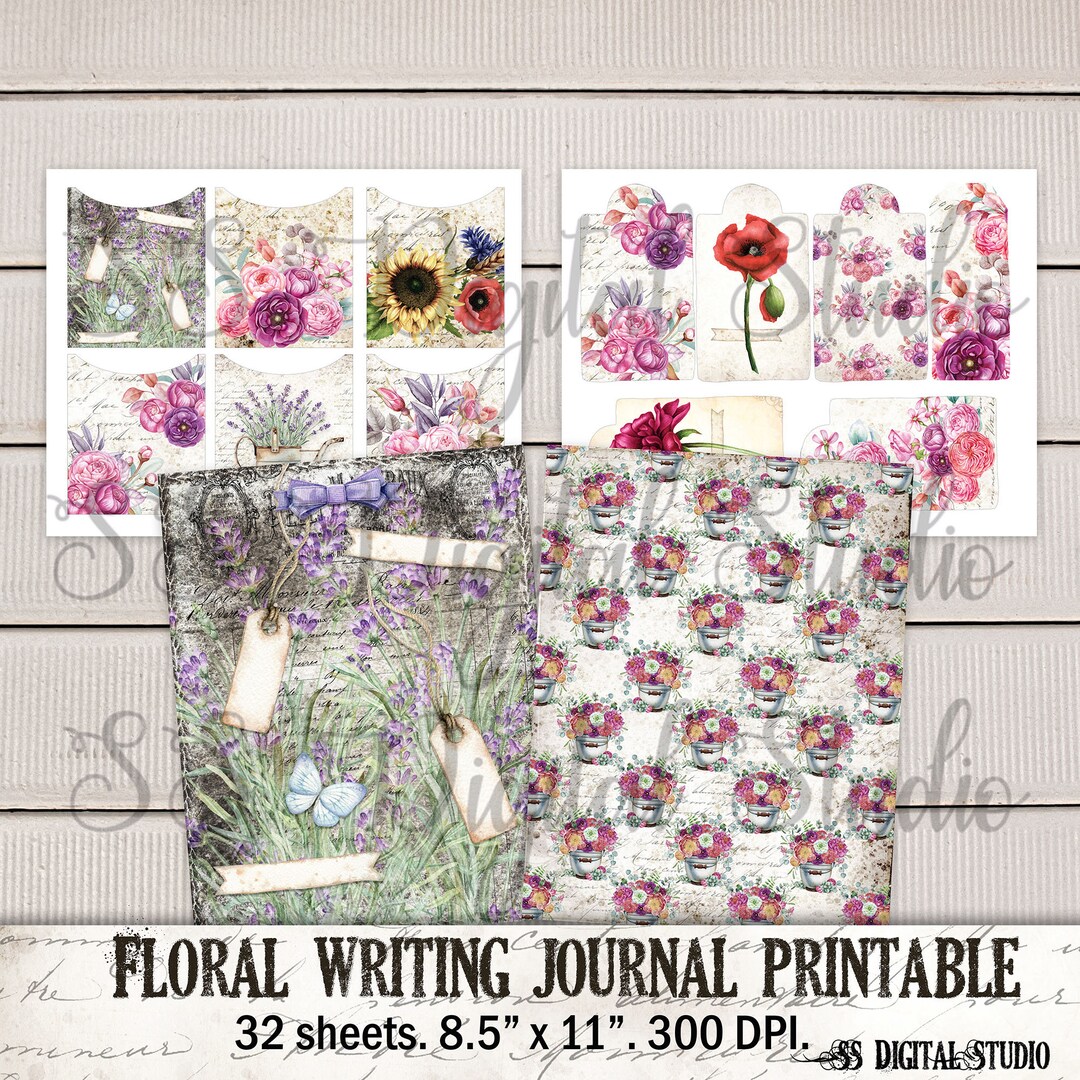 Floral Junk Journal Paper: Printable Lined Writing Pages (digital ...