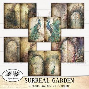 Kit de diário de jardim surreal, kit de coisas efêmeras botânicas. kit de enfeites para impressão, etiquetas, citações, etiquetas, cartões de registro no diário