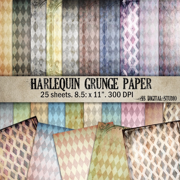 Harlequin, Diamond, Grunge, vintage, poker, junk journal printable papers, digital  background, card making , crafting, scrapbook, download