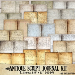 31 hojas, Paisaje, retrato Script, Carta, Nota, Old Journal Paper, insertos Double Sided Pack, digital, scrapbook, diario basura imprimible