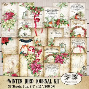 37 feuilles, Oiseau, Kit de journal d'hiver, paysage d'hiver, fond de neige, vintage, Printable Ephemera, Digital, Journal Supplies