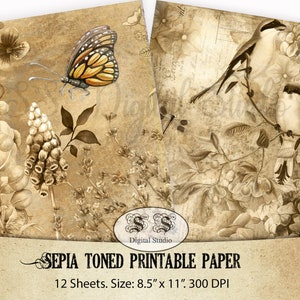 Papel para impressão em tons sépia, Vintage, digital, papel, plano de fundo, confecção de cartões, elaboração, álbum de recortes, download, diário de lixo para impressão