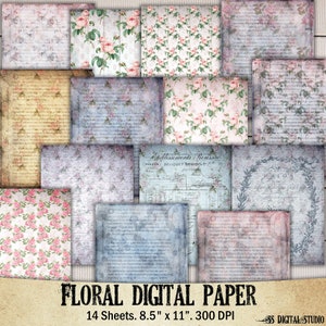 Vintage Floral Digital Scrapbook Paper: Shabby Chic Rose (Digital Download)