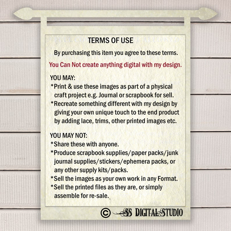 May include: Terms of use for digital images. You may print and use these images for physical craft projects, but you may not share them, sell them as your own work, or produce commercial supplies.