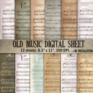 Oude bladmuziek, afdrukbaar papier, junk journal, plakboekpapier, digitaal papier, kortstondig, scrapbooking, grunge, koffievlek, vintage