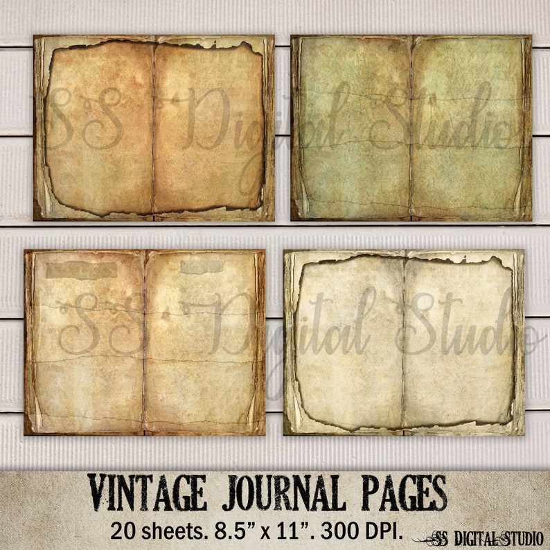 May include: Set of 20 vintage journal pages, each measuring 8.5 inches by 11 inches, with a 300 DPI resolution. The pages have a distressed, aged look with brown and green tones.