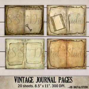 May include: Set of 20 vintage journal pages, each measuring 8.5 inches by 11 inches, with a distressed, aged look. The pages are perfect for scrapbooking, journaling, or crafting.
