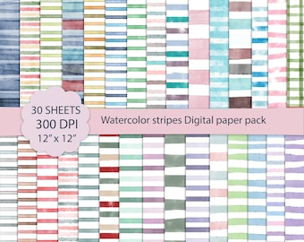 Watercolor Stripes Digital Paper Pack: 30 Scrapbook Backgrounds (Digital Download)