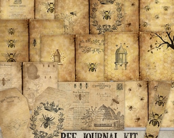 May include: A digital scrapbook kit with 20 sheets featuring vintage illustrations of bees, honeycombs, and beekeeping equipment. The kit is 7 inches by 10 inches and 300 DPI. The text "BEE JOURNAL KIT" is printed in large letters at the bottom of the image.