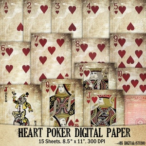 Large, Grunge, Heart Playing card, poker back ground paper, digitale download