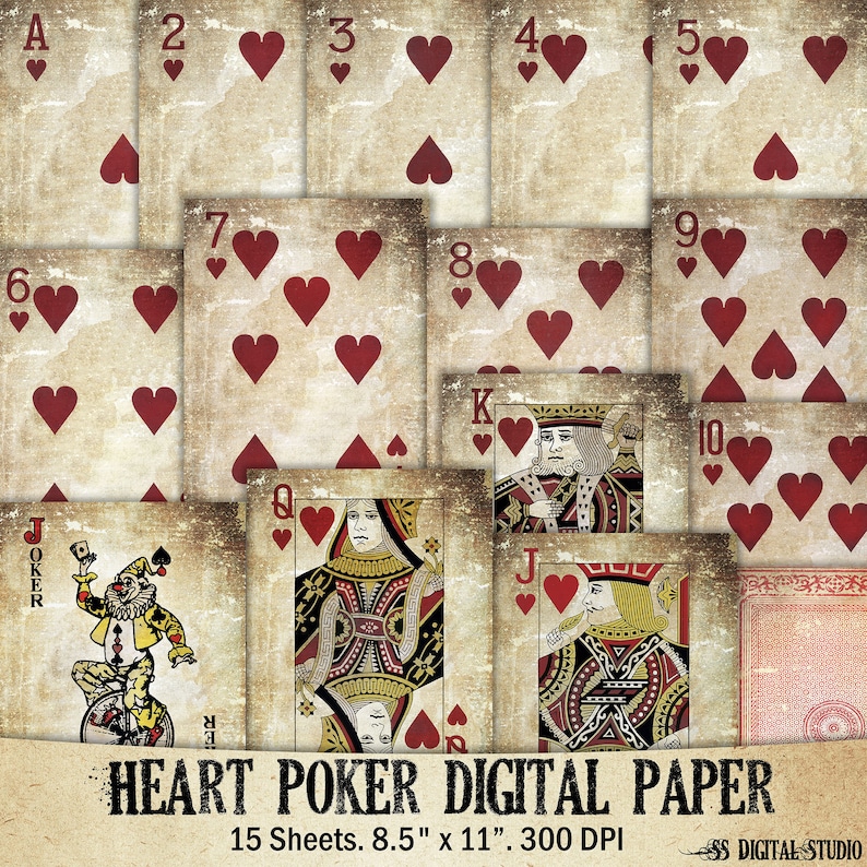 May include: A digital paper pack with 15 sheets of vintage-style playing cards featuring hearts. The cards are in a distressed, aged look with red and black colors. The pack includes the Ace, 2-10, Jack, Queen, King, and Joker.