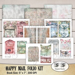 May include: A digital scrapbooking kit with a vintage mail theme. The kit includes images of mailboxes, brick walls, and flowers. The kit is designed for use with a 5x7 inch book. The text "HAPPY MAIL FOLIO KIT" and "Book Size: 5" x 7" 300 DPI" is included in the image.