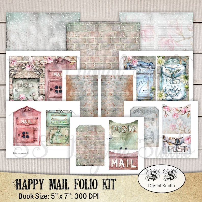 May include: A digital scrapbooking kit with a vintage mail theme. The kit includes images of mailboxes, brick walls, and flowers. The kit is designed for use with a 5x7 inch book. The text "HAPPY MAIL FOLIO KIT" and "Book Size: 5" x 7" 300 DPI" is included in the image.
