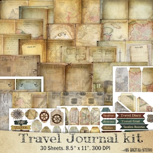 Reisetagebuch Kit, Landkarte, Druckbares Journal, Vintage Journal, Scrapbooking Journal, Junk Journal Digital, Journal Seiten, Reise Ephemera