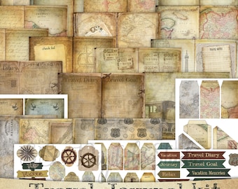 Vintage Travel Journal Kit: Printable Ephemera, Map Pages (Digital Download)