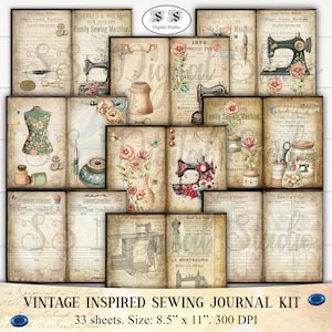 May include: A vintage-inspired sewing journal kit with 33 sheets. The kit includes images of sewing machines, fabric, and other sewing-related items. The kit is 8.5 inches by 11 inches and 300 DPI.