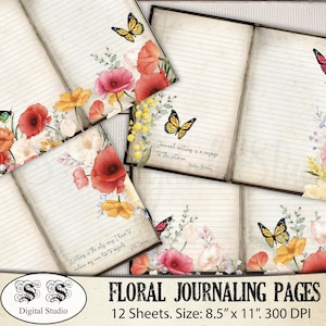 Pagine di diario di scrittura floreale, Paesaggio, foderato, download digitale, stampabile, pacchetto di carta, fronte-retro, diario spazzatura semplice vintage