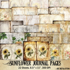 Zonnebloem Grunge, Vintage, Bloemen, digitaal, dagboek schrijven, gelinieerd papier, knutselen, plakboek, download, junk journal afdrukbaar