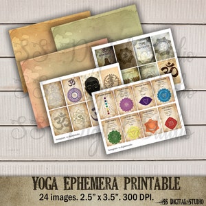 May include: A set of 24 printable yoga ephemera images featuring the Om symbol, chakras, and Sanskrit text. The images are designed in a vintage style with a distressed background. Each image is 2.5 inches by 3.5 inches and 300 DPI.